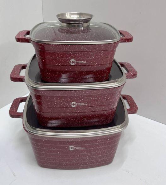 Набір квадратних каструль із гранітним покриттям на 6 предметів Higher Kitchen НК-322 Чорний Червоний ZPESHНК-322 6ps фото