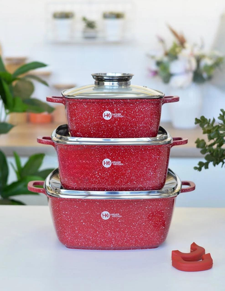Набір квадратних каструль з гранітним покриттям Higher kitchen НК-302 Чорний Червоний 8 предметів HK-302 8ps фото