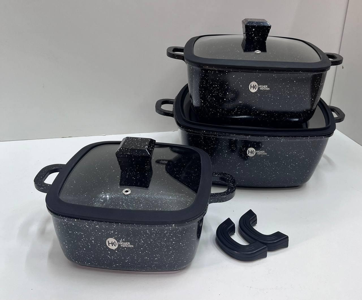 Набір квадратних каструль Higher Kitchen HK-323 8 предметів Червоний Чорний із силіконовими кришками та 5-ти шаровим дном. HK-323 8ps фото